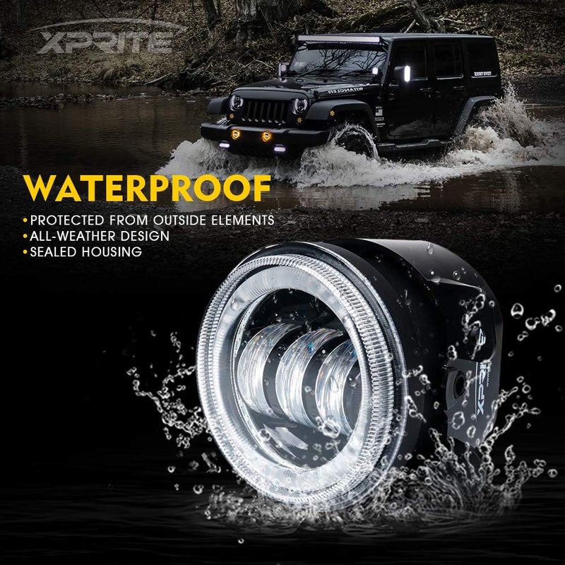 Xprite أضواء ضباب LED بحجم 4 بوصات مع حلقة هالة صفراء وعين زاوية DRL، 60 واط، مصابيح ضباب أمامية فائقة السطوع، قابلة للتوصيل والاستبدال متوافقة مع جيب رانجلر غير المحدود JK من 2007-2018، معتمدة من DOT - Image 5
